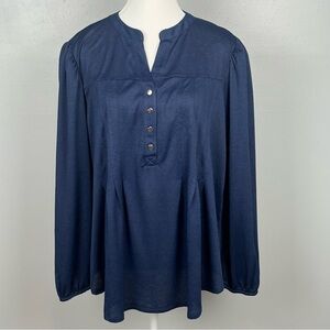 NWT Kim Rogers Harbor Navy half button puff shoulder popover top, size PXL.